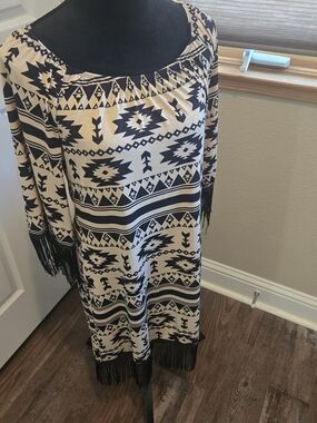 2B Together Black and Cream Aztec Off-Shoulder Dress with Fringe